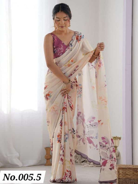 FANCY GEORGETTE SILK PRINTED WITH MIRROR WORK BORDER SAREE WITH UNSTITCHED BLOUSE