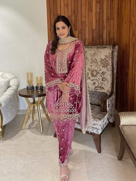 TRADITIONAL VELVET EMBROIDERY SEQUENCE MOTI WORK TOP BOTTOM WITH DUPPATTA
