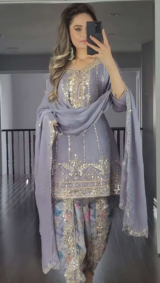 PARTY WEAR GEORGETTE EMBROIDERY SEQUENCE WORK TOP DHOTI WITH DUPPATTA