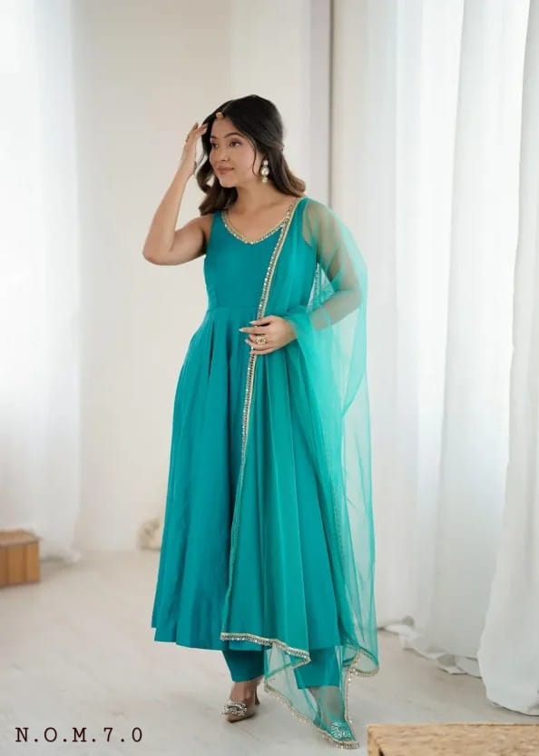 DESIGNER ROMAN SILK CHANDERI ANARKALI GOWN BOTTOM WITH DUPPATTA