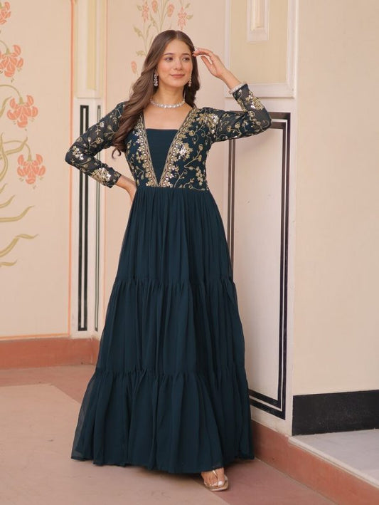 DESIGNER FAUX BLOOMING SEQUENCE AND ZARI EMBROIDERY WORK GOWN