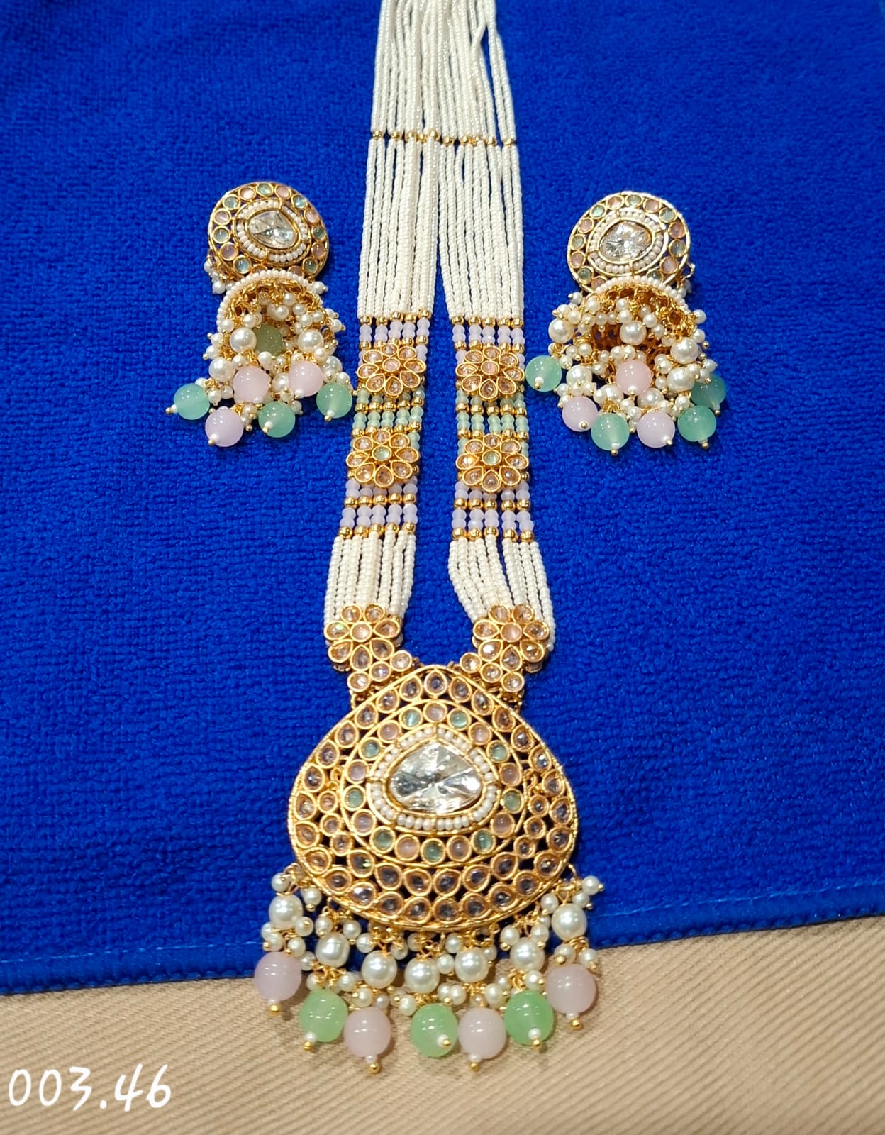 HEAVY LONG NECKLACE WITH JHUMKI - MINT AND PINK