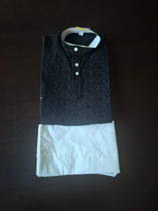 KIDS REYON SEQUENCE KURTA PYJAMA - BLACK