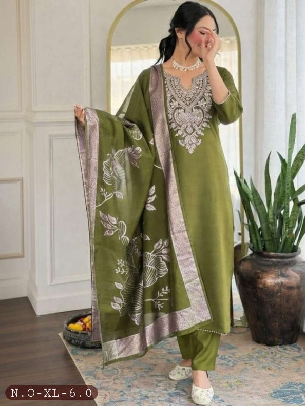 DESIGNER SLUB COTTON EMBROIDERY WORK TOP BOTTOM WITH DUPPATTA