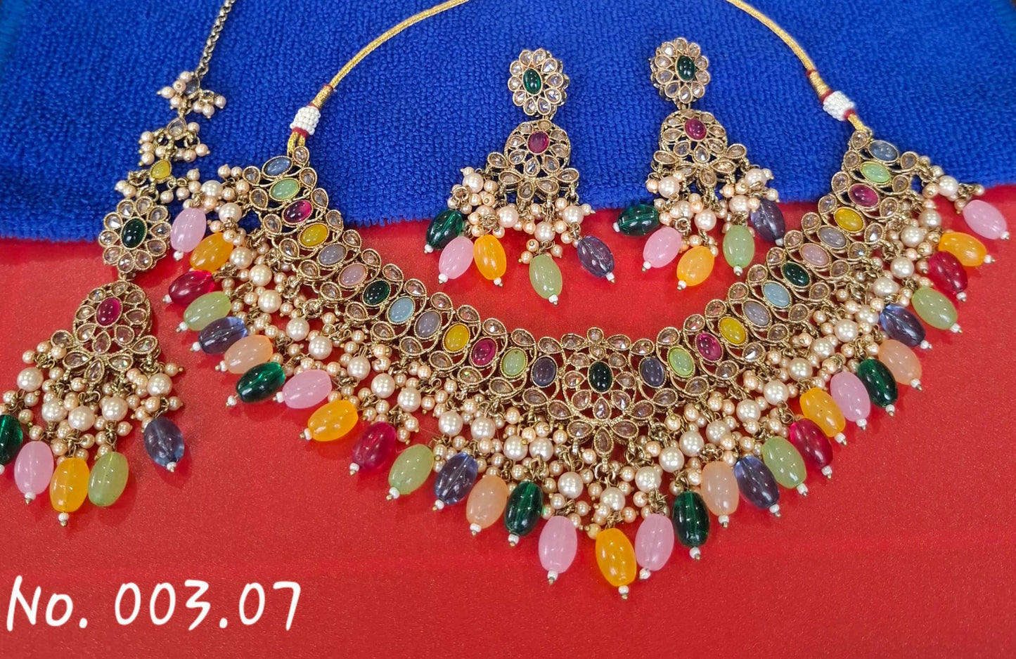 HEAVY MULTI COLOUR NECKLACE WITH HEAVY EARRING AND MANG TIKA