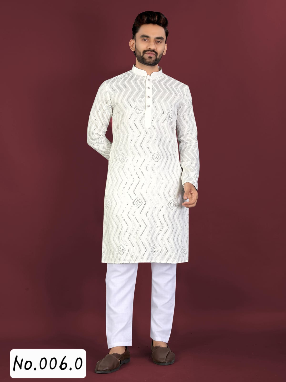 MEN’S KURTA PYJAMA -EMBROIDERY WITH SILVER SEQUENCE- WHITE - SLIM FIT