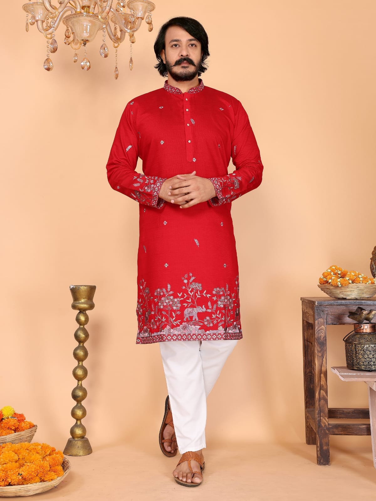 MEN’S KURTA PYJAMA - HEAVY LINEN COTTON WITH EMBROIDERY SEQUENCE -RED