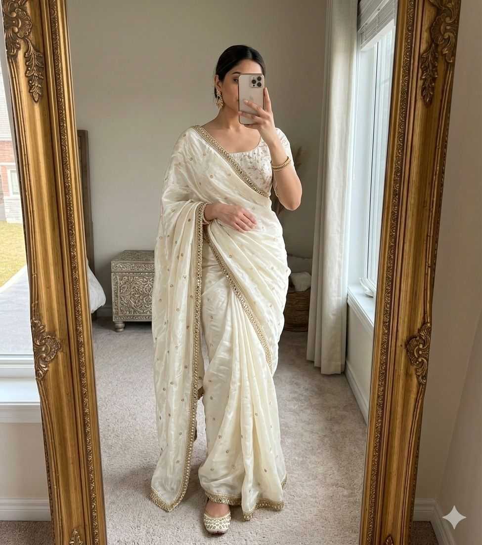 TRENDY SAREE WITH STITCHED BLOUSE - IVORY