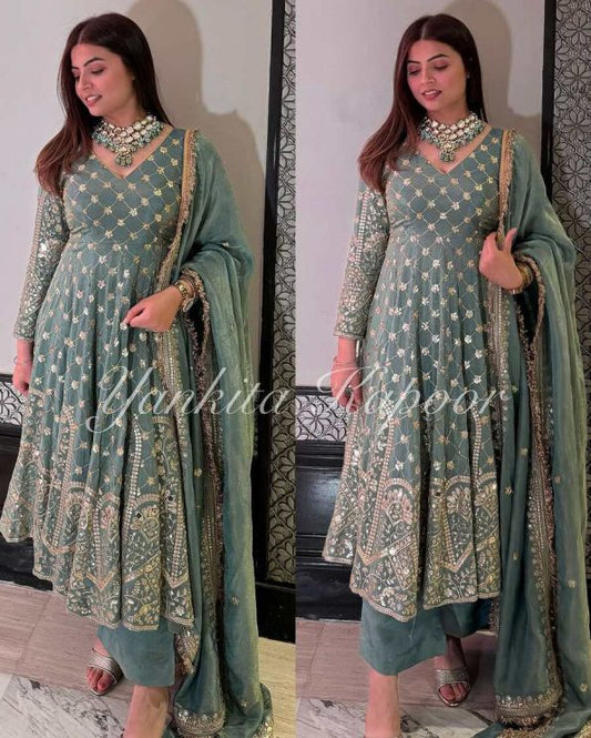 DESIGNER GEORGETTE EMBROIDERY SEQUENCE WORK GOWN BOTTOM WITH DUPATTA- SEA BLUE