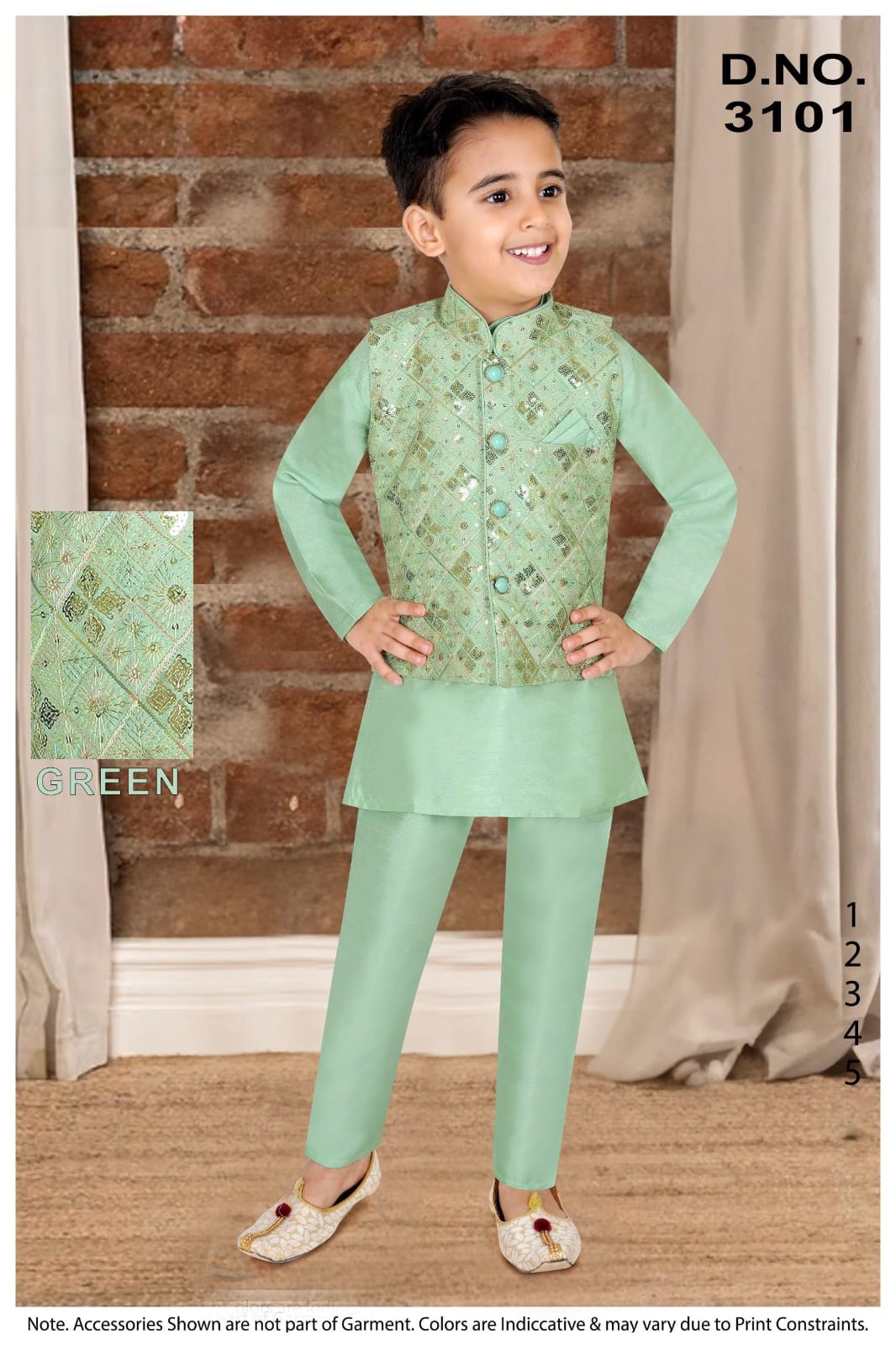 KIDS SILK  KURTA PYJAMA EMBROIDERY JACKET - MINT