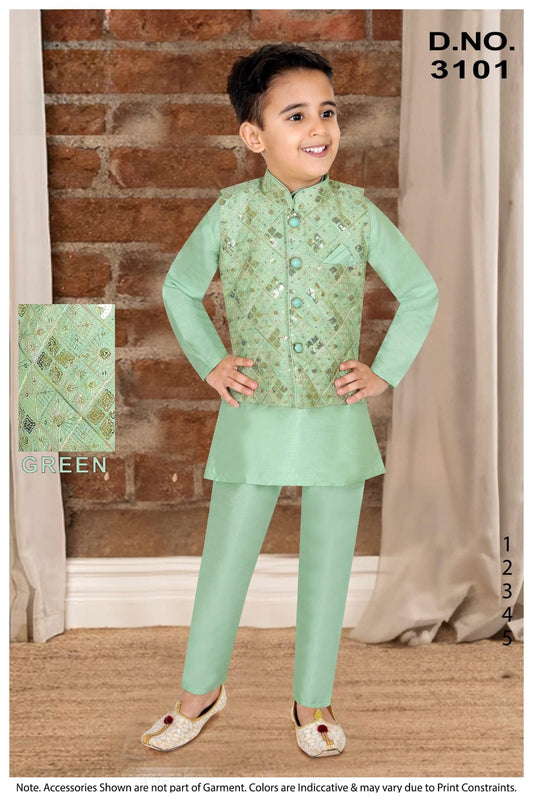 KIDS SILK  KURTA PYJAMA EMBROIDERY JACKET - MINT