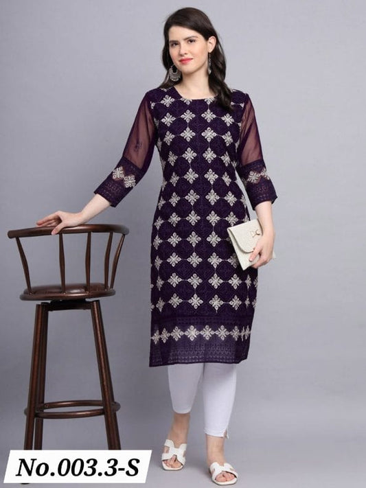 FASHIONABLE GEORGETTE CHIKENKARI WORK KURTI ONLY - WINE