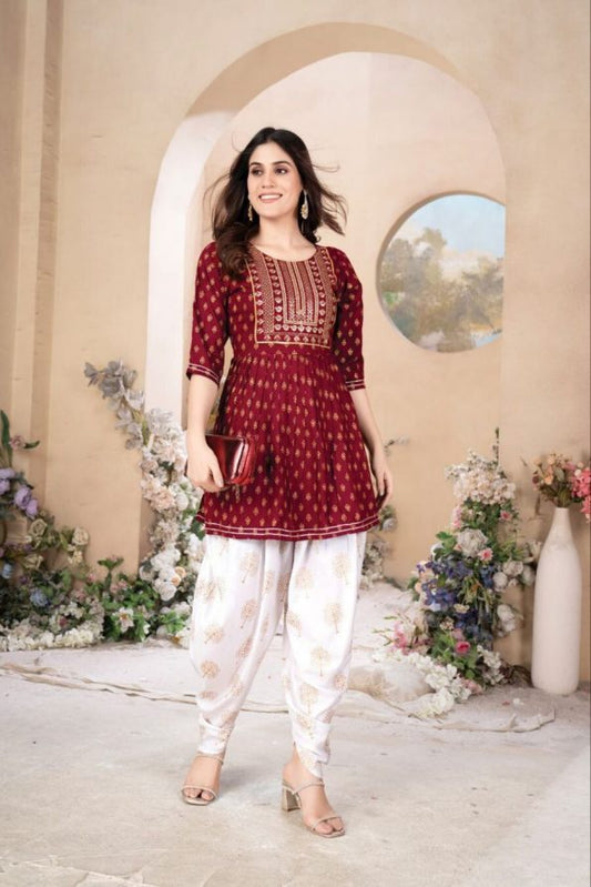 DESIGNER EMBROIDERY KURTI WITH DHOTI - MARRON