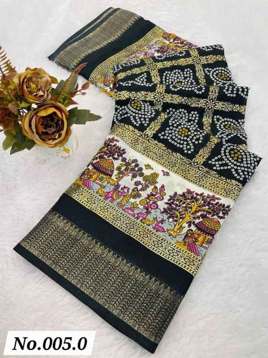 DOLA DOBBY SILK BANDHANI PRINT WITH FOIL PRINT WORK SAREE WITH UNSTITCHED BLOUSE - BLACK