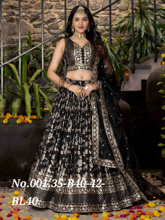 RECEPTION WEAR FULLY STITCHED LEHENGA - BLACK