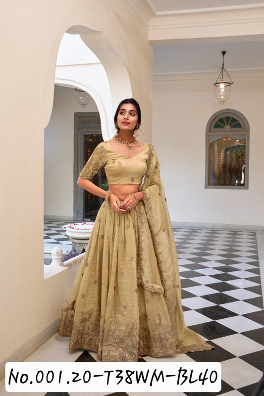 PARTY WEAR GOLD CRUSED EMBROIDERY SEQUENCE WORK LEHENGA
