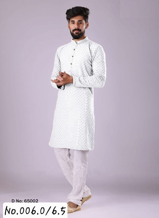 MEN’S KURTA PYJAMA SEQUENCE WORK -WHITE