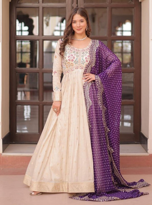 DESIGNER COSMOS JACQUARD PEARL BEADS EMBROIDERY WORK GOWN WITH DUPPATTA