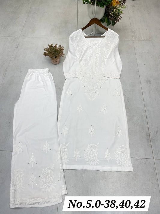 DESIGNER CHIKANKARI KURTI PANT - WHITE - RAYON