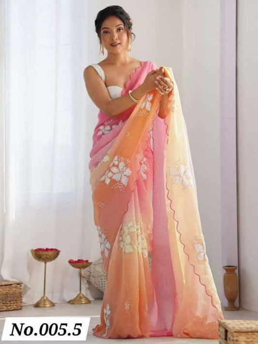 FANCY GOLD CRUSH EMBROIDERY WORK SAREE WITH UNSTITCHED BLOUSE- ORANGE + PINK