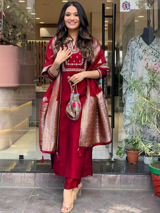 MODERN CHANDERI SILK EMBROIDERY SEQUENCE WORK -TOP BOTTOM SALWAR-RED