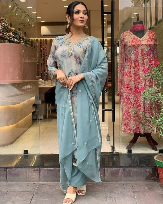 ATTRACTIVE ORGANZA EMBROIDERY WORK TOP BOTTOM WITH DUPPATTA - SKY