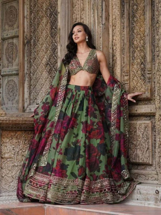 RICH LOOK TABBY ORGANZA DIGITAL PRINTED THREAD SEQUENCE WORK LEHENGA CHOLI WITH DUPPATTA - FULLY STITCHED