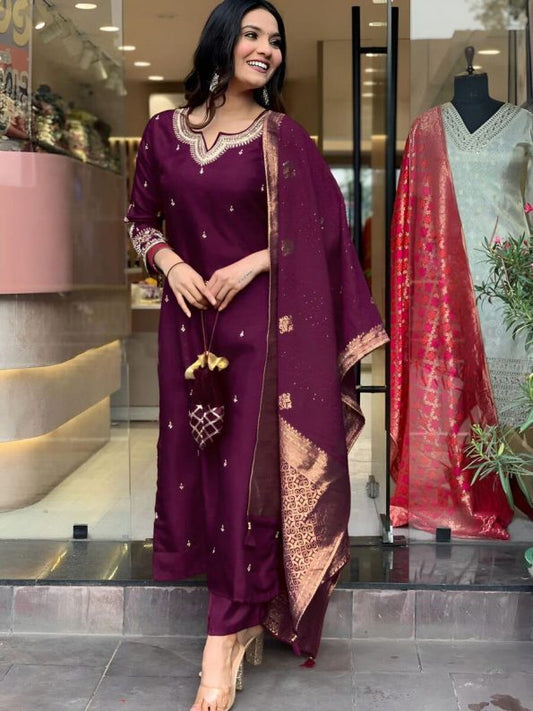 MODERN  ROMAN SILK EMBROIDERY SEQUENCE WORK -TOP BOTTOM SALWAR