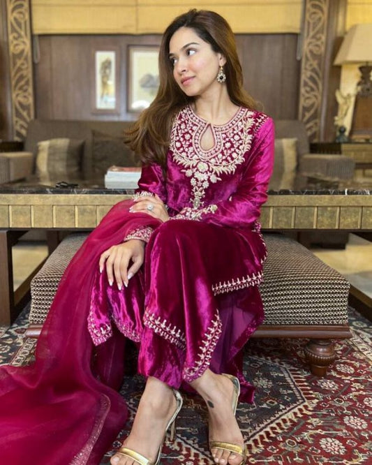 TRENDING VELVET EMBROIDERY SEQUENCE WORK TOP PALAZZO WITH DUPPATTA