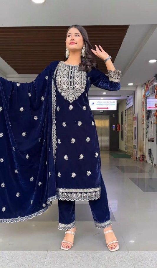 ATTRACTIVE VISCOSE VELVET EMBROIDERY WORK TOP BOTTOM WITH DUPPATTA