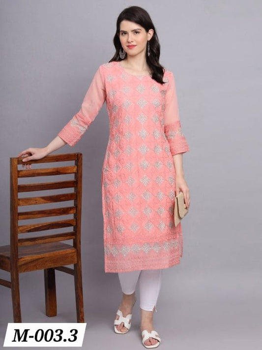 FASHIONABLE GEORGETTE CHIKENKARI WORK ONLY KURTI-PEACH