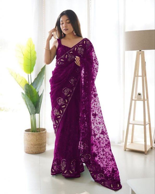 DESIGNER BUTTERFLY NET THREAD EMBROIDERY REAL MIRROR WORK SAREE WITH UN STITCHED BLOUSE