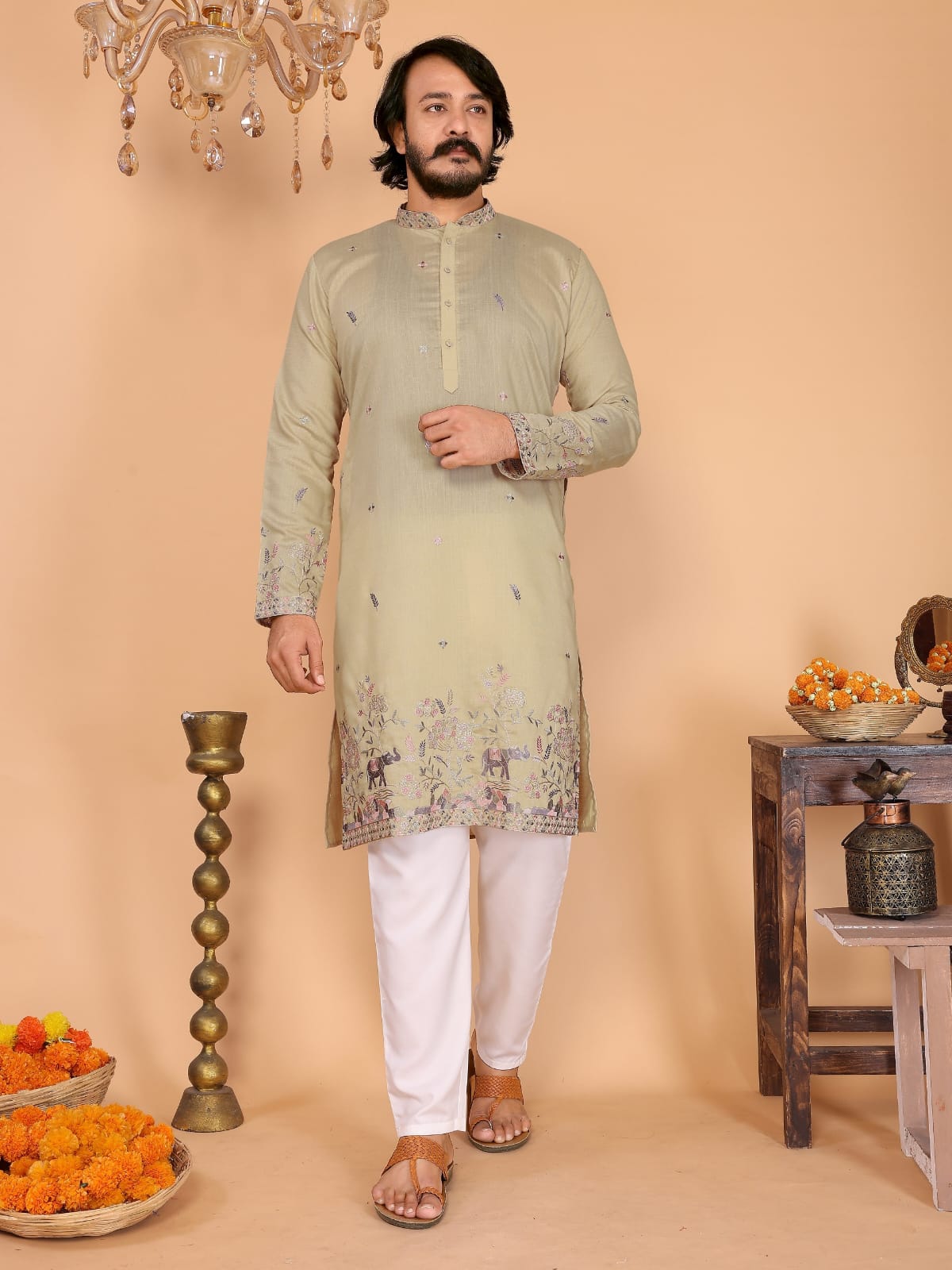 MEN’S KURTA PYJAMA - HEAVY LINEN COTTON WITH EMBROIDERY SEQUENCE -GOLD