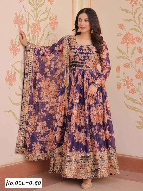 DESIGNER RUSSIAN SILK DIGITAL PRINT WITH EMBROIDERED SEQUENCE WORK GOWN WITH DUPPATTA