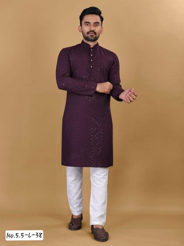 FANCY COTTON FOIL PRINTED MEN'S KURTA PYJAMA- WINE