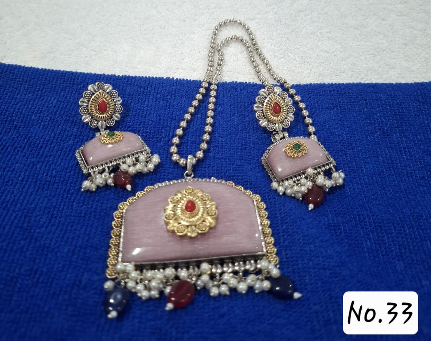 ANTIQUE FUSION LONG NECKLACE WITH EARRING - PINK
