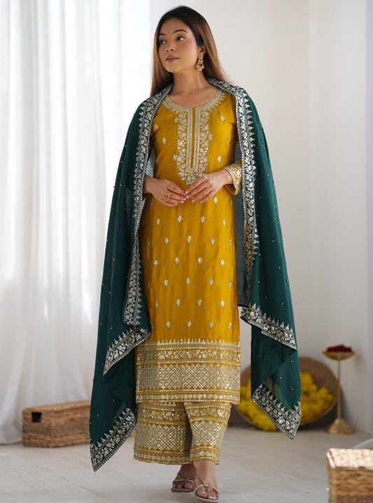 DESIGNER CHINON EMBROIDERY MULTI SEQUENCE WORK TOP PALAZZO WITH DUPPATTA