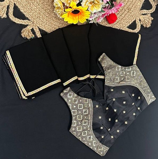 RICH LOOK FAUX GEORGETTE LACE BORDER WORK SAREE WITH STITCHED BLOUSE