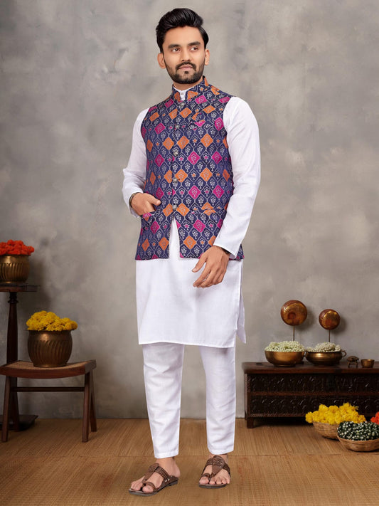 MEN’S COTTON PATOLA PRINT WORK KURTA PYJAMA JACKET