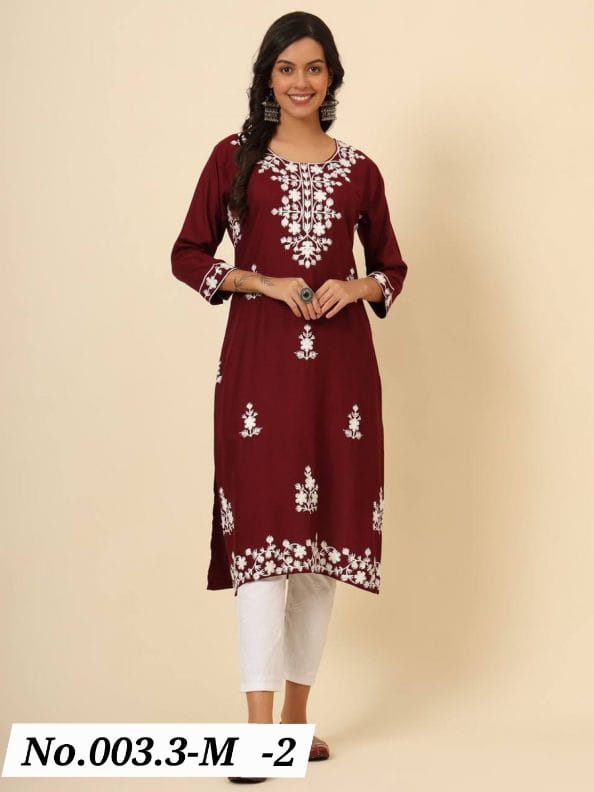 DESIGNER LIVA RAYON LUCKNOWI CHIKENKARI ONLY KURTI- MARRON