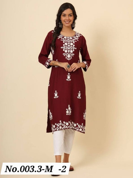 DESIGNER LIVA RAYON LUCKNOWI CHIKENKARI ONLY KURTI- MARRON