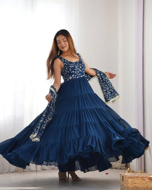 DESIIGNER GEORGETTE LAYERED EMBROIDERY SEQUENCE WORK GOWN BOTTOM WITH DUPPATTA