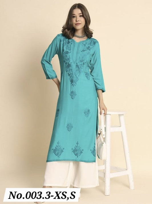 TRENDING RAYON LUCKNOWI CHIKANKARI WORK ONLY KURTI - RAMA