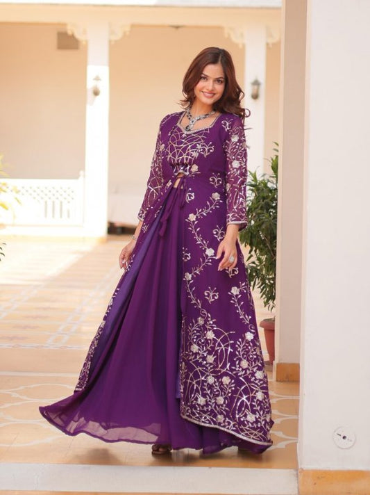 INDO WESTERN DESIGNER GEORGETTE EMBROIDERY WORK BLOUSE PALAZZO WITH SHRUG - PURPLE