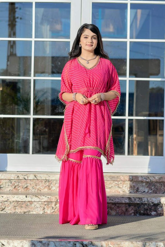 INDO WESTERN DESIGNER GEORGETTE LEHRIYA KAFTAN WITH STITCHED BLOUSE AND SHARARA