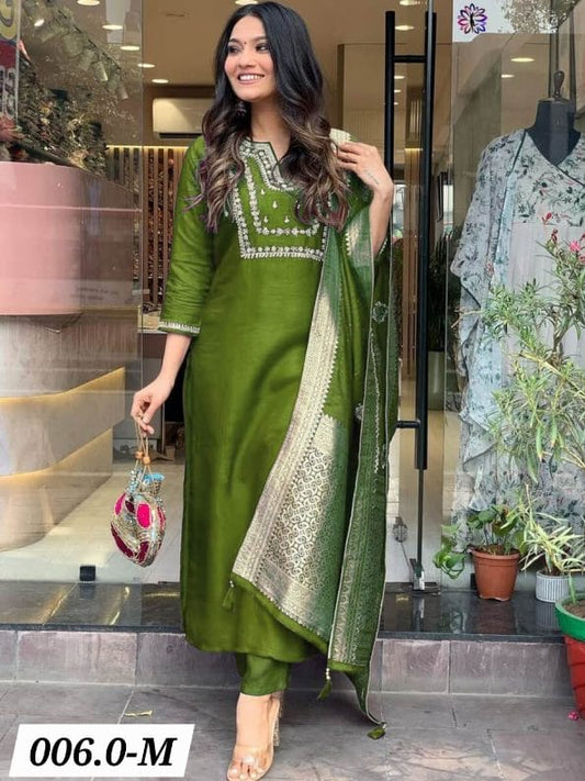 DESIGNER CHANDERI SILK SEQUENCE EMBROIDERY CODING WORK TOP BOTTOM WITH DUPPATTA