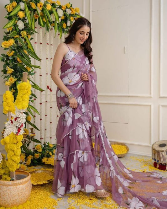 FASHINABLE GEORGETTE READY TO WEAR DIGITAL PRINT WORK LEHENGA SAREE WITH STITCHED BLOUSE