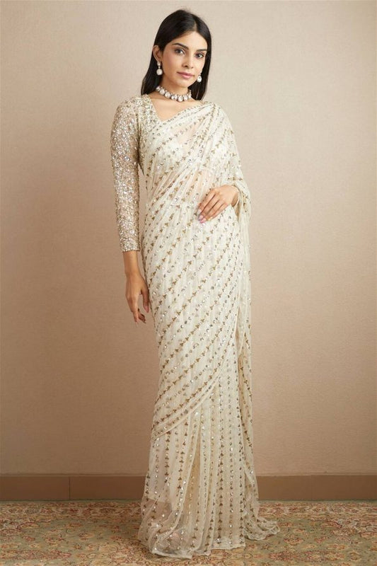 FANCY GEORGETTE EMBROIDERY SEQUENCE PIPING WORK SAREE WITH PRE-STITCH BLOUSE
