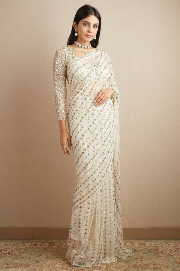 FANCY GEORGETTE EMBROIDERY SEQUENCE PIPING WORK SAREE WITH PRE-STITCH BLOUSE