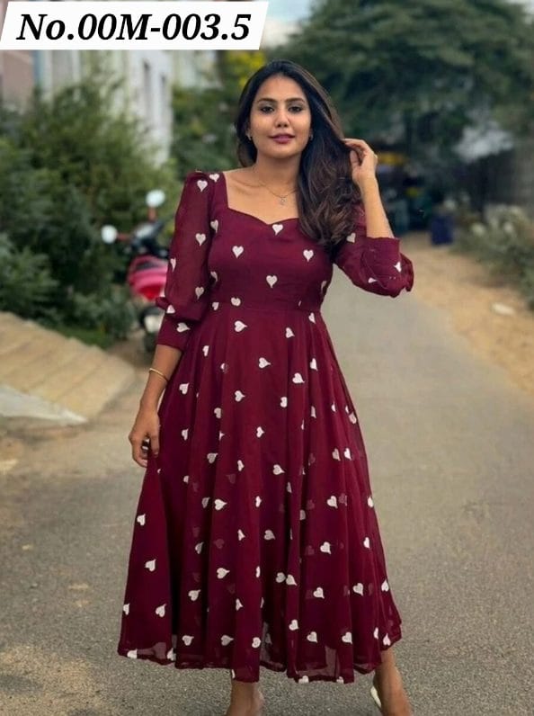 FANCY GEORGETTE EMBROIDERY WORK ONE PIECE - MARRON